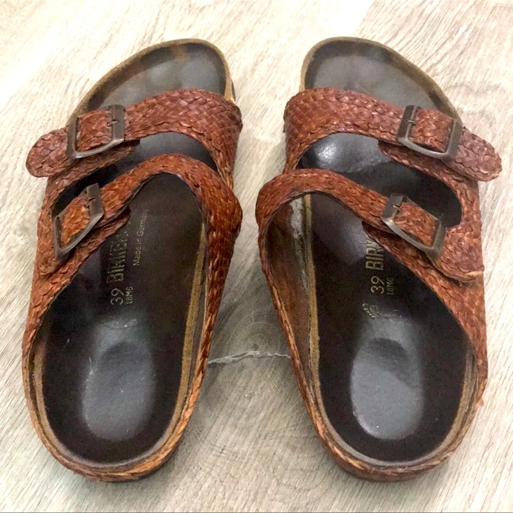 Birkenstock Arizona Slides Sandals Brown Wicker Basket Weave Woven Rattan